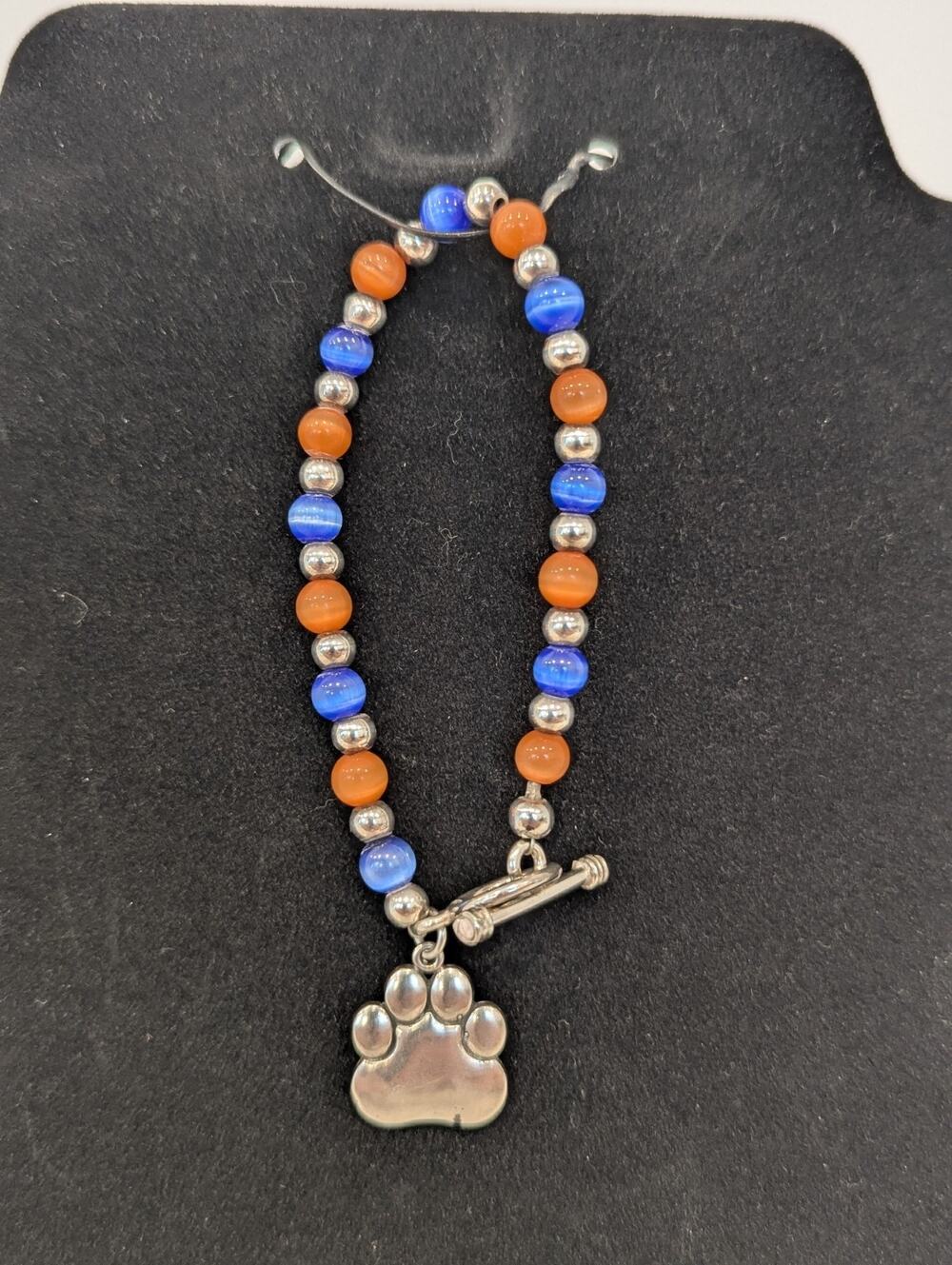 925 Silver Beaded Bracelet Orange Blue Silver Dog Paw Charm Toggle Clemson